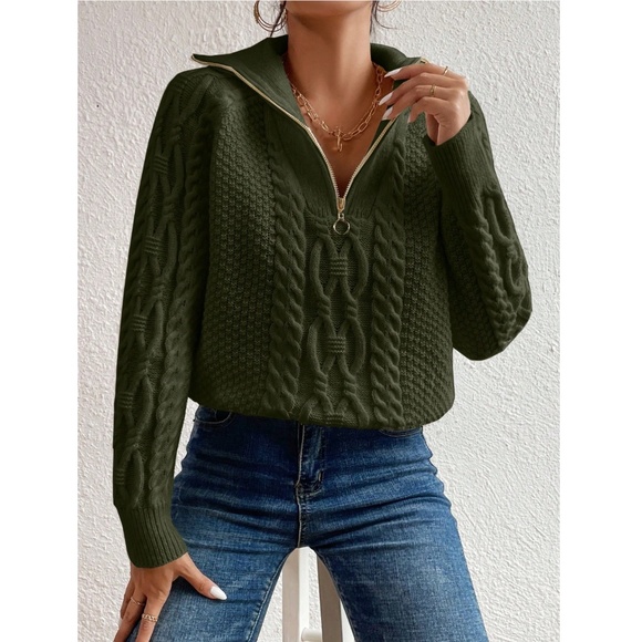 Army Green Cable Knit Zip Detail Pullover Sweater - Picture 2 of 7